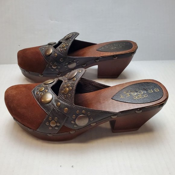 Bridget Shuster Women's Brown Suede Leather Bronze Studded Chunky Wooden Clog - Picture 6 of 16